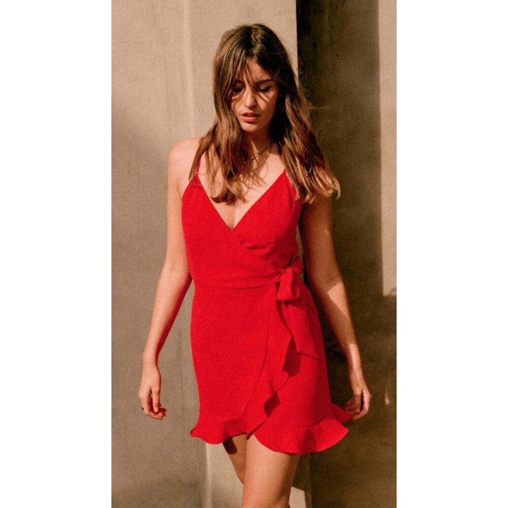 Sézane Sezane | Daniella Dress Red Wrap Mini Silk Tie Waist Dress | Sz 42